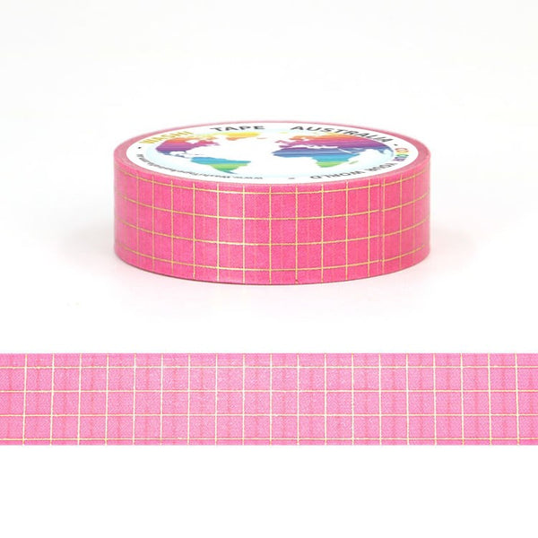 Gold on Pink Grid - Foil Washi Tape (5m)