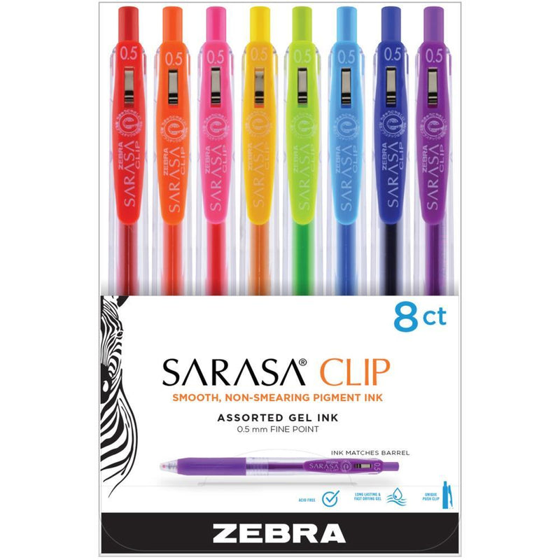 Zebra Sarasa Clip 0.5mm Fine Point Gel Ink Pens 8/Pkg