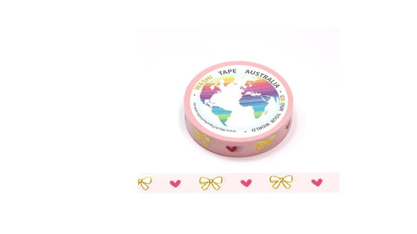 Foil Gold Bows Red Hearts on Pink (10mm) Washi Tape Australia