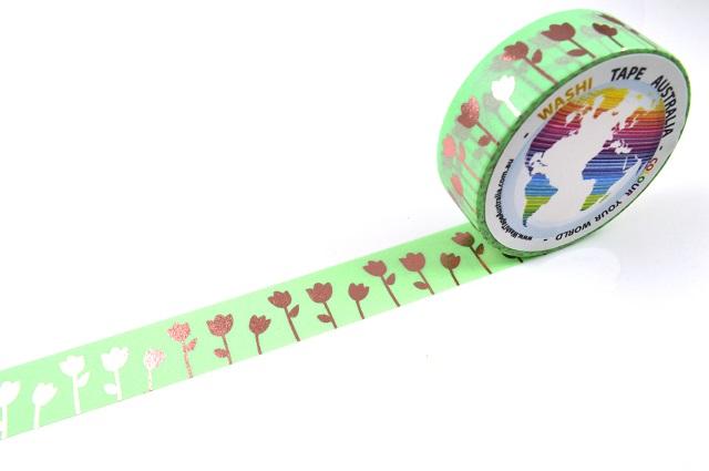 Foil Rose Gold Tulips on Green Washi Tape Australia