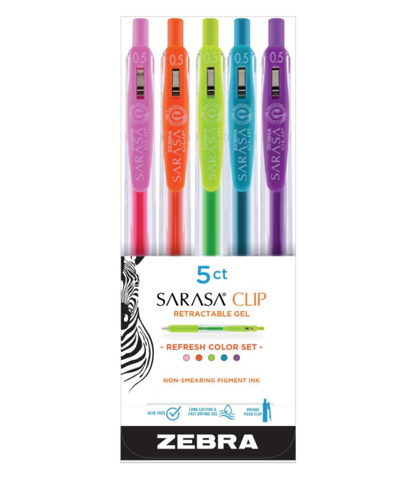Zebra Sarasa Clip 0.5mm Fine Point Gel Ink Pens 5/Pkg