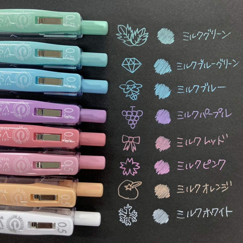 Push Clip Gel Pen - 8 Milk Colour Set 0.5 mm