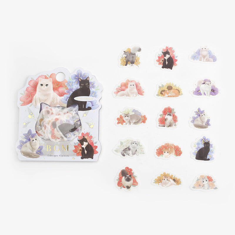 Cats and Flowers - Flake Sticker (Gold Foil Stamping)