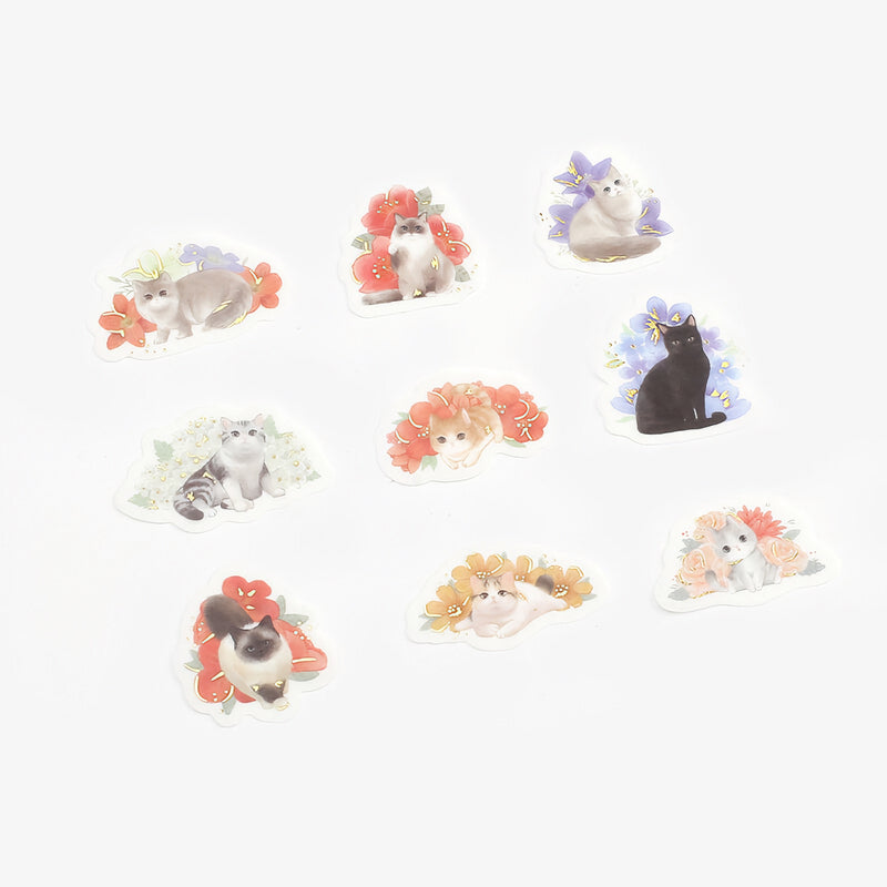 Cats and Flowers - Flake Sticker (Gold Foil Stamping)